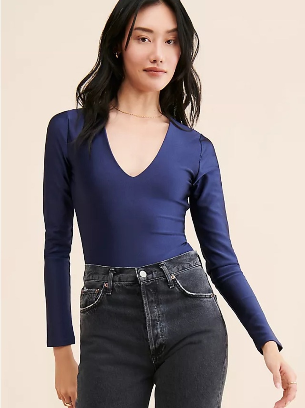 Good American Navy V-Neck Long Sleeve Bodysuit Size 4